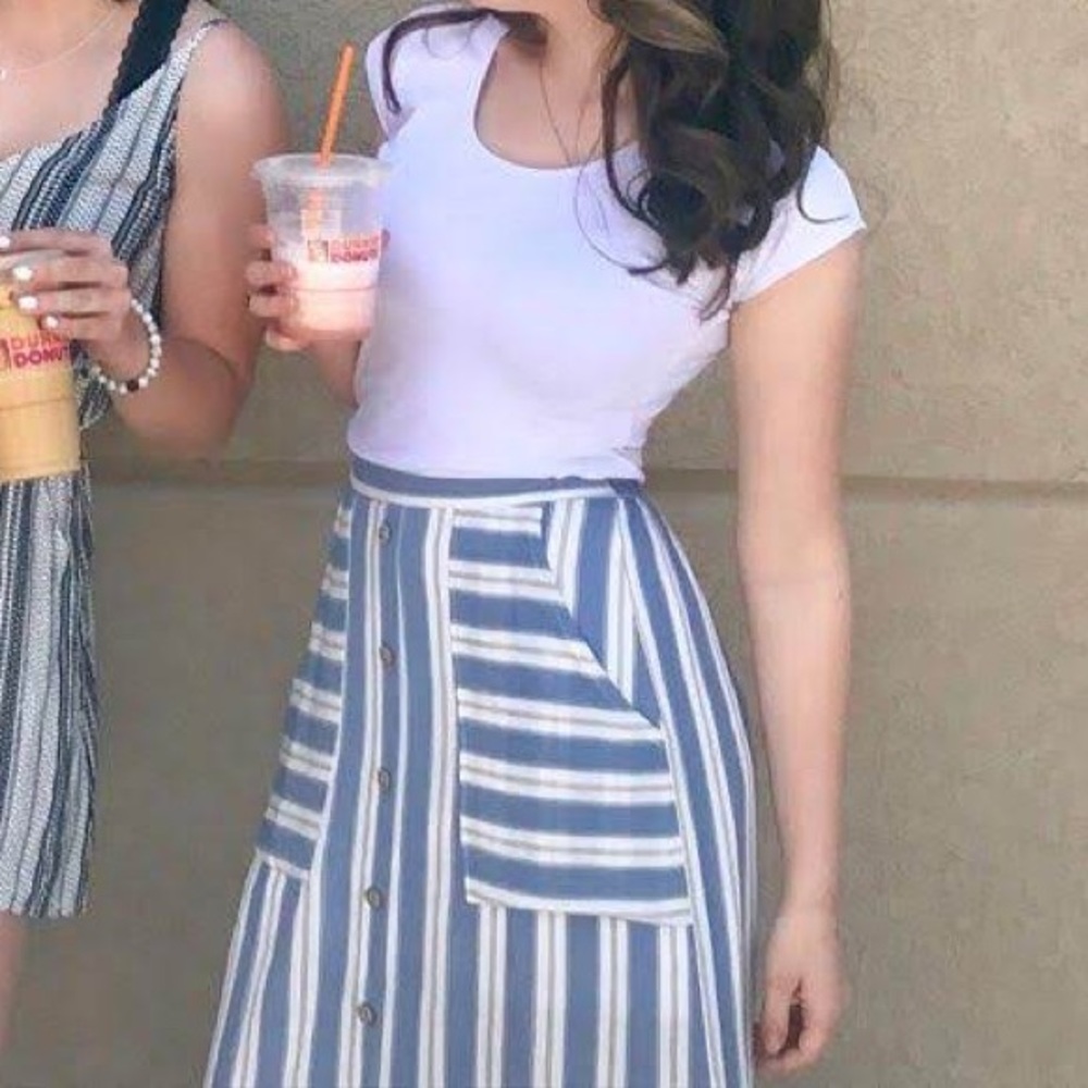 blue and white striped maxi skirt